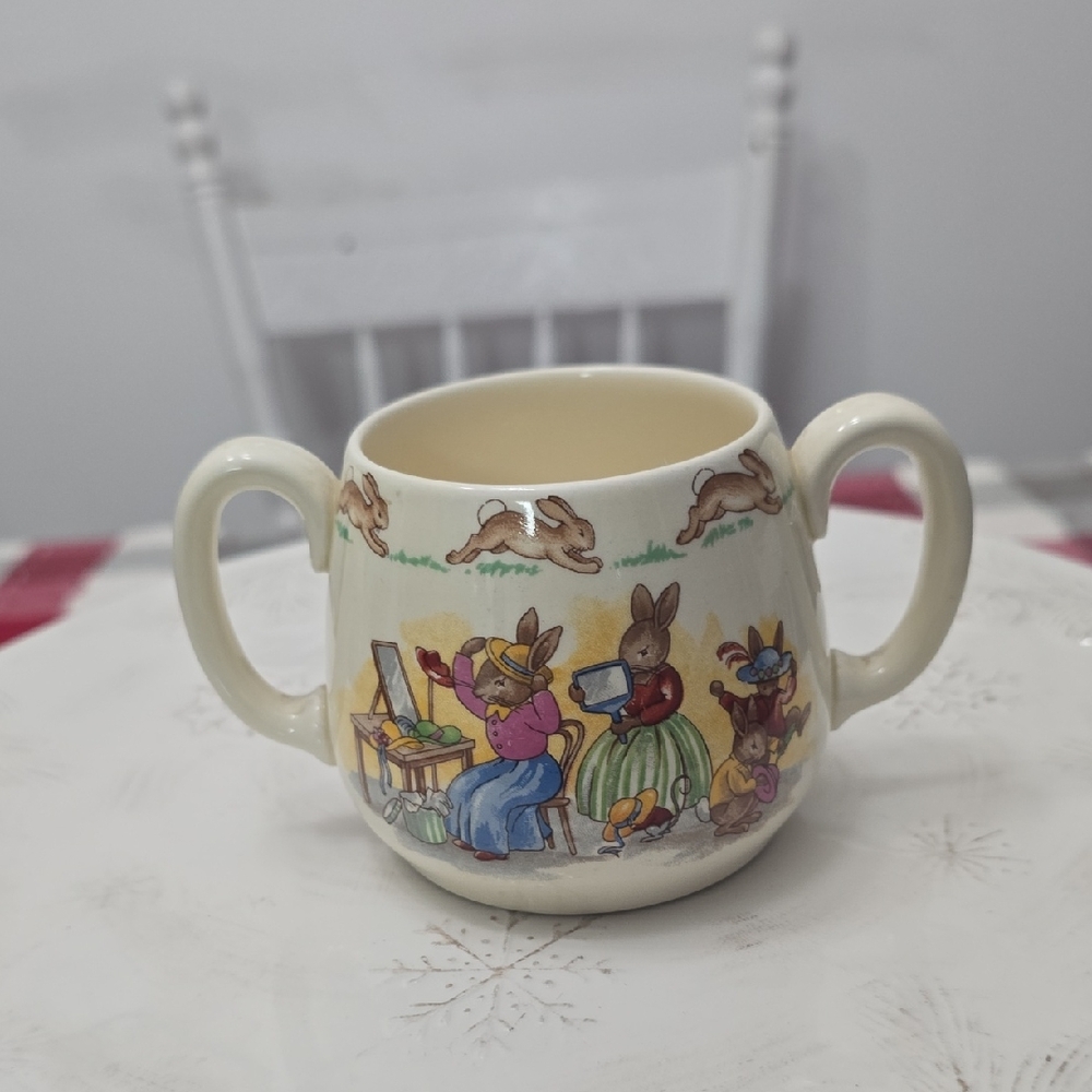 Vintage Royal Doulton Bunnykins Double Handle Bone China Tea Cup Trying On Hats